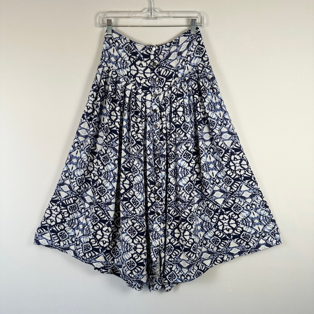 Free People Midi Skirt Women 2 Blue White Geometric Print Button Front Boho Flow